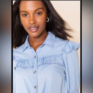 Mi Ami Womens Chaz Ruffled Chambray Top, Light Blue Denim, Size Extra Small
